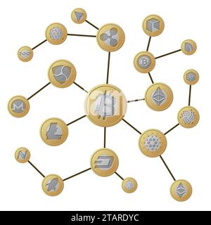 Blockchain. Concept de transaction Internet de crypto-monnaie. Pièces de monnaie Crypto en argent d'or. Illustration vectorielle de la crypto-monnaie de transaction de processus Illustration de Vecteur