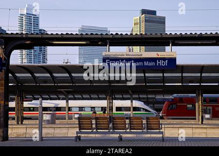 Gare centrale avec ICE et train local avec gratte-ciel, Francfort-sur-le-main, Hesse, Allemagne Banque D'Images