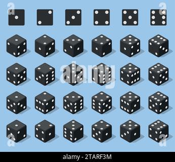 Définir 24 icônes authentiques de dés dans tous les tours possibles. Vingt-quatre variantes perdent des dés. Cubes de jeu noirs isolés sur fond bleu. Dés pour jeux de société Illustration de Vecteur