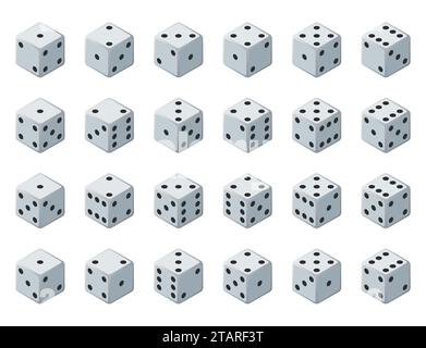 Définir 24 icônes authentiques de dés dans tous les tours possibles. Vingt-quatre variantes perdent des dés. Cubes blancs de jeu isolés sur fond blanc. Dés pour jeux de société Illustration de Vecteur