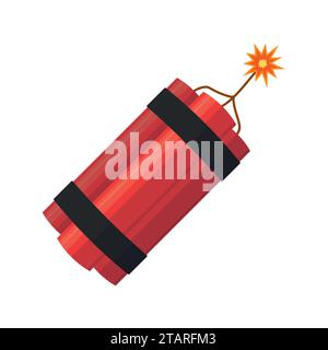 Explosion de bombe de dynamite avec explosion de mèche brûlante isolé sur fond blanc. Bombe de dynamite de vecteur avec arme explosive de danger de scintillement Illustration de Vecteur