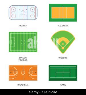 Ensemble de terrains de sport pour les jeux : hockey, volley-ball, soccer, football, baseball, basket-ball et tennis. Terrain de jeu de prairie loisirs en plein air ligue. Balle Illustration de Vecteur