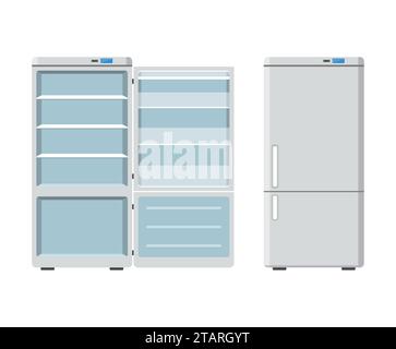 Appareils ménagers réfrigérateur ouvert et fermé isolé sur fond blanc. Réfrigérateur pour appareil électronique. Illustration vectorielle de congélateur d'appareil ménager. Illustration de Vecteur