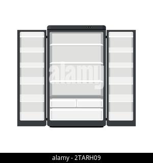 Réfrigérateur noir d'appareils ménagers modernes avec deux portes isolé sur fond blanc. Réfrigérateur de dispositif électronique ouvert. Congélateur pour appareils ménagers Illustration de Vecteur
