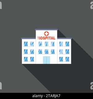 Icône du bâtiment City Hospital dans un style de conception plate avec une longue ombre sur fond sombre. Illustration vectorielle clinique Illustration de Vecteur