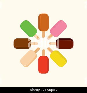 Ensemble de crème glacée froide douce et vecteur de collection de crème glacée glacée délicieuse. Ensemble de desserts colorés de crème glacée de bande dessinée. Chocolat, lait et fruits Illustration de Vecteur