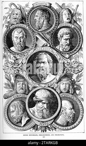 Portraits de célèbres historiens grecs, philosophes et dramaturges, y compris Euripide ; Sophocle, Socrate, Eschylos, Platon, Heredote et Aristophane publiés vers 1880 Banque D'Images