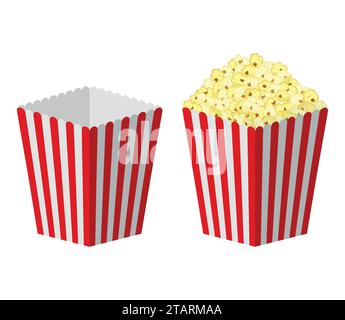 Sac de popcorn en papier rayé blanc et rouge isolé sur fond blanc. Cinéma classique boîte pleine et vide de pop-corn. vecteur de film de film de cinéma alimentaire Illustration de Vecteur