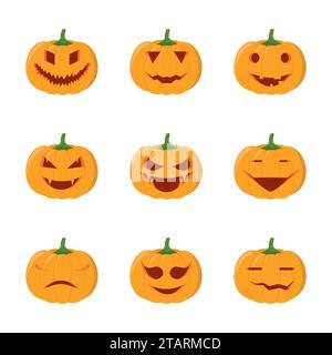 Ensemble de têtes de citrouilles d'halloween isolé sur fond blanc. Icônes vectorielles de tête de citrouille dans un style plat. Citrouilles effrayantes de dessin animé d'Halloween. Illustration de Vecteur