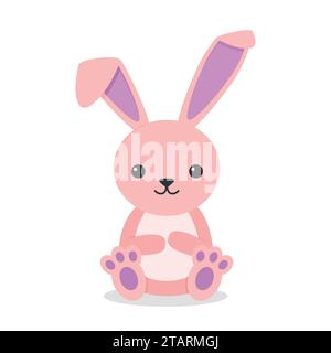 Mignon personnage de lapin assis isolé sur fond blanc. Petit lapin rose dans le style Flay. Illustration vectorielle Illustration de Vecteur