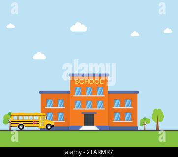 Bâtiment scolaire classique et bus scolaire sur fond bleu. Cour avant avec arbres. Bâtiments pour vecteur d'éducation de construction de ville dans le style plat Illustration de Vecteur