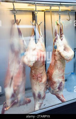 Voyage en Géorgie - carcasses d'agneau dépouillées dans le réfrigérateur extérieur de la boucherie dans le quartier turc de la ville de Batumi Banque D'Images