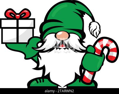 Mignon gnome joyeux de noël avec canne à sucre et boîte-cadeau. Modèle vectoriel sur fond transparent Illustration de Vecteur