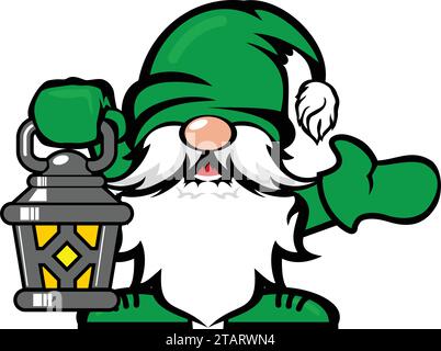 Mignon gnome joyeux de noël avec vieille lanterne. Modèle vectoriel sur fond transparent Illustration de Vecteur