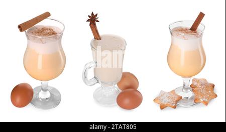 Délicieux lait de poule dans des verres isolés sur blanc, ensemble Banque D'Images