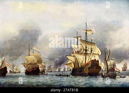 Cette image montre : “combat maritime entre l’Angleterre et la Hollande juin 1666.” Cette conquête du navire anglais « Royal Prince » a eu lieu le 13 juin 1666. A été peint par Willem van der Velde, le Jeune (1633-1707). Il est logé dans le Rijksmuseum à Amsterdam. Le 13 juin 1666, le troisième jour de la bataille des quatre jours, le navire amiral anglais The Royal Prince s’échoua sur un banc de sable au large des côtes anglaises. Il a ensuite été capturé par Cornelis Tromp, qui a transféré son équipage sur son navire, le Gouda (à gauche). L'amiral de Ruyter ordonna à Tromp de brûler ce prix. Il aurait préféré le remorquer jusqu'au Banque D'Images