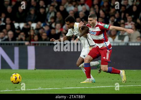 Madrid, Espagne. 02 décembre 2023. Madrid Espagne ; 02.12.2023.- Rodrigo Goes Real Madrid joueur du Real Madrid bat Grenade 2-0 lors de la journée 15 du football espagnol. Avec des buts de Brahim Díaz 26' et Rodrigo Goes 57', le Real Madrid bat Grenade au stade Santiago Bernabéu dans la capitale du Royaume d'Espagne lors du 15e match de la Ligue espagnole. Crédit : Juan Carlos Rojas/dpa/Alamy Live News Banque D'Images