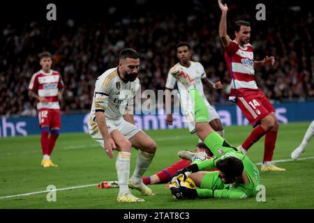 Madrid, Espagne. 02 décembre 2023. Madrid Espagne ; 02.12.2023.- joueur de Carvajal Real Madrid. Le Real Madrid bat Grenade 2-0 lors de la 15e journée du football espagnol. Avec des buts de Brahim Díaz 26' et Rodrigo Goes 57', le Real Madrid bat Grenade au stade Santiago Bernabéu dans la capitale du Royaume d'Espagne lors du 15e match de la Ligue espagnole. Crédit : Juan Carlos Rojas/dpa/Alamy Live News Banque D'Images