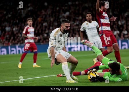 Madrid, Espagne. 02 décembre 2023. Madrid Espagne ; 02.12.2023.- joueur de Carvajal Real Madrid. Le Real Madrid bat Grenade 2-0 lors de la 15e journée du football espagnol. Avec des buts de Brahim Díaz 26' et Rodrigo Goes 57', le Real Madrid bat Grenade au stade Santiago Bernabéu dans la capitale du Royaume d'Espagne lors du 15e match de la Ligue espagnole. Crédit : Juan Carlos Rojas/dpa/Alamy Live News Banque D'Images