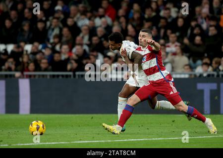 Madrid, Espagne. 02 décembre 2023. Madrid Espagne ; 02.12.2023.- Rodrigo Goes Real Madrid joueur du Real Madrid bat Grenade 2-0 lors de la journée 15 du football espagnol. Avec des buts de Brahim Díaz 26' et Rodrigo Goes 57', le Real Madrid bat Grenade au stade Santiago Bernabéu dans la capitale du Royaume d'Espagne lors du 15e match de la Ligue espagnole. Crédit : Juan Carlos Rojas/dpa/Alamy Live News Banque D'Images