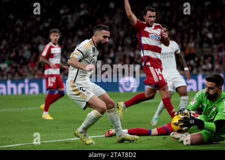 Madrid, Espagne. 02 décembre 2023. Madrid Espagne ; 02.12.2023.- joueur de Carvajal Real Madrid. Le Real Madrid bat Grenade 2-0 lors de la 15e journée du football espagnol. Avec des buts de Brahim Díaz 26' et Rodrigo Goes 57', le Real Madrid bat Grenade au stade Santiago Bernabéu dans la capitale du Royaume d'Espagne lors du 15e match de la Ligue espagnole. Crédit : Juan Carlos Rojas/dpa/Alamy Live News Banque D'Images