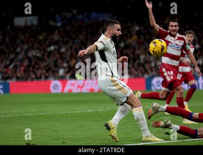 Madrid, Espagne. 02 décembre 2023. Madrid Espagne ; 02.12.2023.- joueur de Carvajal Real Madrid. Le Real Madrid bat Grenade 2-0 lors de la 15e journée du football espagnol. Avec des buts de Brahim Díaz 26' et Rodrigo Goes 57', le Real Madrid bat Grenade au stade Santiago Bernabéu dans la capitale du Royaume d'Espagne lors du 15e match de la Ligue espagnole. Crédit : Juan Carlos Rojas/dpa/Alamy Live News Banque D'Images