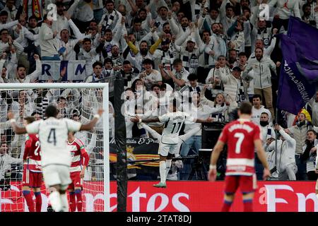 Madrid, Espagne. 02 décembre 2023. Madrid Espagne ; 02.12.2023.- le joueur du Real Madrid Rodrygo marque un but. Le Real Madrid bat Grenade 2-0 lors de la 15e journée du football espagnol. Avec des buts de Brahim Díaz 26' et Rodrigo Goes 57', le Real Madrid bat Grenade au stade Santiago Bernabéu dans la capitale du Royaume d'Espagne lors du 15e match de la Ligue espagnole. Crédit : Juan Carlos Rojas/dpa/Alamy Live News Banque D'Images