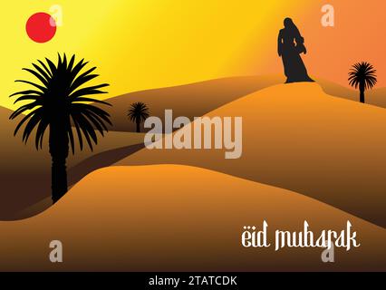 Femme en robe noire et hijab au sommet d'une dune de sable avec des palmiers en arrière-plan, coucher de soleil au loin. Illustration de Vecteur