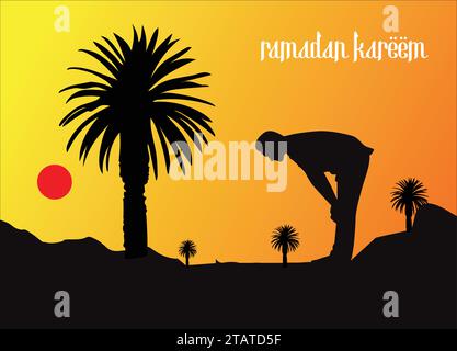 Un homme se silhouette contre un ciel de coucher de soleil comme il prie sous un palmier dans le désert. Illustration pour les journées des Grands festivals islamiques Illustration de Vecteur