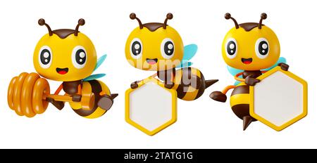 Jeu de personnages d'abeille mignonne de miel de dessin animé 3D avec différentes poses. Abeille mignonne tenant une enseigne en forme de nid d'abeille et une benne à miel. illustration de rendu 3d. Banque D'Images