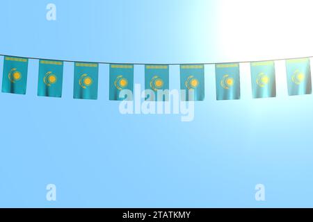 Belle illustration de drapeau de fête 3d - de nombreux drapeaux ou bannières du Kazakhstan accroche sur la ficelle sur fond de ciel bleu Banque D'Images