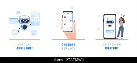 Concept Chatbot. Femme parlant avec robot. Assistant IA. Fille posant des questions et recevant des réponses. Assistance clientèle en ligne. Intelligence artificielle Illustration de Vecteur