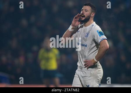 Galway, Irlande. 03 décembre 2023. Robbie Henshaw de Leinster lors du match de la ronde 7 du championnat de rugby Uni entre Connacht Rugby et Leinster Rugby au Sportsground à Galway, Irlande le 2 décembre 2023 (photo par Andrew SURMA / crédit : SIPA USA/Alamy Live News Banque D'Images