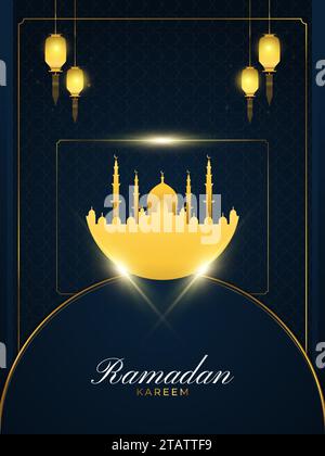 Ramadan Kareem salutation avec Mosquée d'or et lanternes sur fond de papier bleu coupé pour carte de voeux, bannière ou affiche. Fond islamique avec luxe Illustration de Vecteur