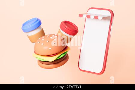 Hamburger de bande dessinée , pizza , café et ainsi de suite, à emporter et fast-food, rendu 3D. illustration 3d. Banque D'Images