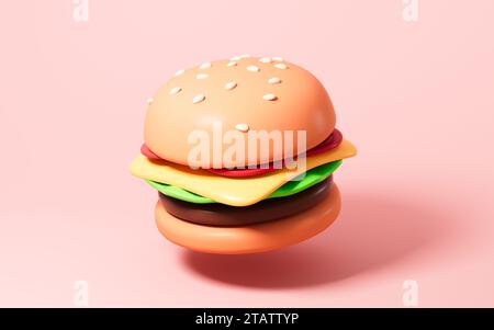 Modèle de hamburger de dessin animé, rendu 3D. illustration 3d. Banque D'Images