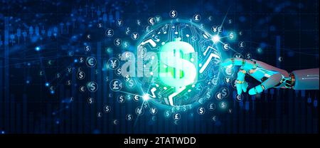 Ai robot main touchant Global de l'investissement financier et des marches économiques. Finance et transferts d'argent et technologie de réseau numérique avec artificielle Banque D'Images