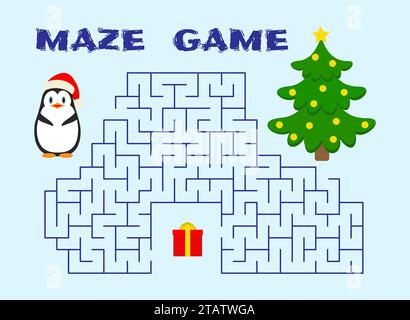 Jeu Christmas Maze. Labyrinthe vectoriel avec un pingouin, un cadeau et un arbre de Noël pour l'éducation des enfants. Aidez le pingouin dans un chapeau de Père Noël trouver un cadeau et Illustration de Vecteur