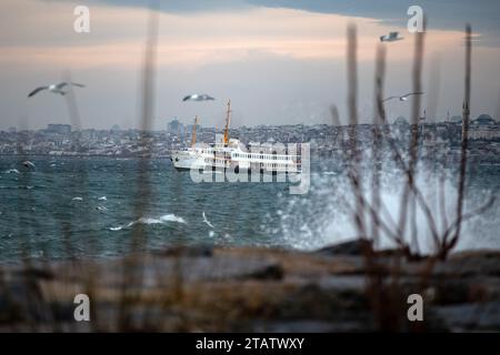 Istanbul, Turquie. 02 décembre 2023. Mouettes vues voler au-dessus du ferry des lignes de la ville passant derrière les vagues frappant les rochers à la plage de Moda. En raison du vent du sud-ouest affectant Istanbul, de hautes vagues ont été observées sur la côte de Moda. (Photo Onur Dogman/SOPA Images/Sipa USA) crédit : SIPA USA/Alamy Live News Banque D'Images