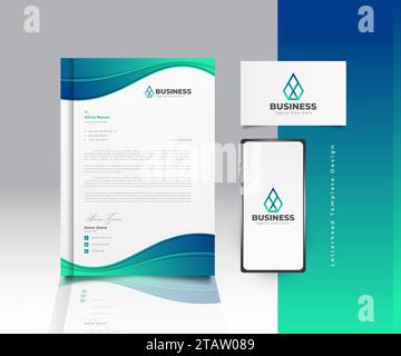 Modèle d'en-tête d'affaires moderne Design en dégradé bleu et vert avec logo, carte de visite et smartphone Illustration de Vecteur