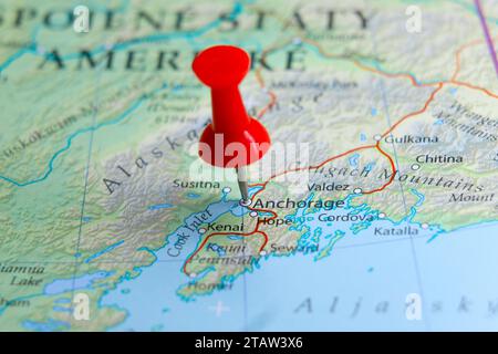 Anchorage, Alaska PIN sur la carte Banque D'Images