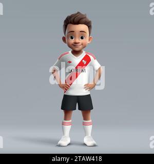 Dessin animé 3d mignon jeune joueur de football en uniforme de football River plate. Maillot de l'équipe de football Illustration de Vecteur