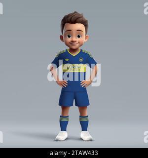 Dessin animé 3d mignon jeune joueur de football en uniforme de football de Boca Juniors. Maillot de l'équipe de football Illustration de Vecteur