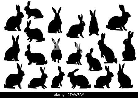 Diverses silhouettes lapins de pâques isolés sur fond blanc. Définissez différentes silhouettes de lapin pour une utilisation design. Illustration de Vecteur