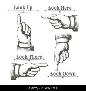 Pointing Fingers Vintage Collection. Mains masculines pointant différentes directions ensemble isolé sur illustration vectorielle blanche Illustration de Vecteur