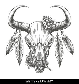 Tatouage dessiné à la main de Bull Skull avec des roses et des plumes. Les Amérindiens Totem gravure graphique Illustration vectorielle Illustration de Vecteur