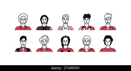 Ensemble d'avatars de personnes avec style de dessin animé minimal et expressions diverses. Collection de personnages masculins Illustration de Vecteur