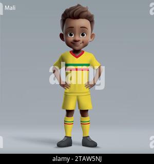 Dessin animé 3d mignon jeune joueur de football dans le kit de l'équipe nationale du Mali. Maillot de l'équipe de football Illustration de Vecteur