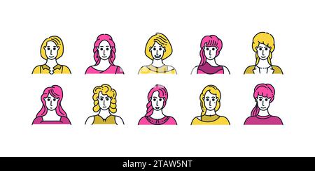 Ensemble d'avatars de personnes avec style de dessin animé minimal et expressions diverses. Collection de personnages pour femmes Illustration de Vecteur