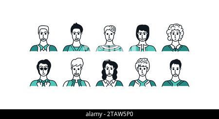 Ensemble d'avatars de personnes avec style de dessin animé minimal et expressions diverses. Collection de personnages masculins Illustration de Vecteur